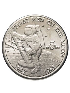 Commemorative Coin Marks 20th Annv. 1st man on the moon $5 coin from 1989.